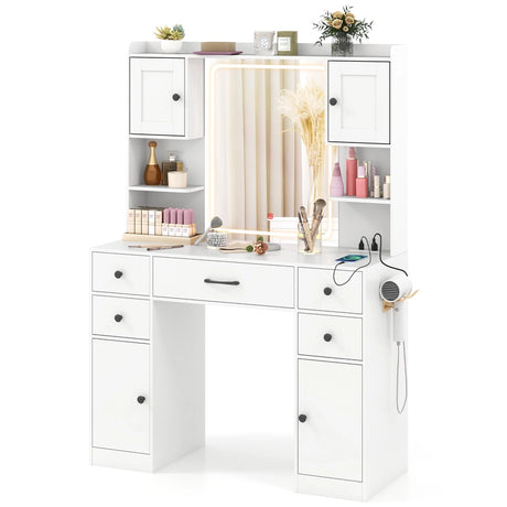 Makeup Vanity Desk with Lighted Mirror and Charging Station-White