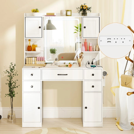 Makeup Vanity Desk with Lighted Mirror and Charging Station-White