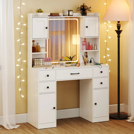 Makeup Vanity Desk with Lighted Mirror and Charging Station-White