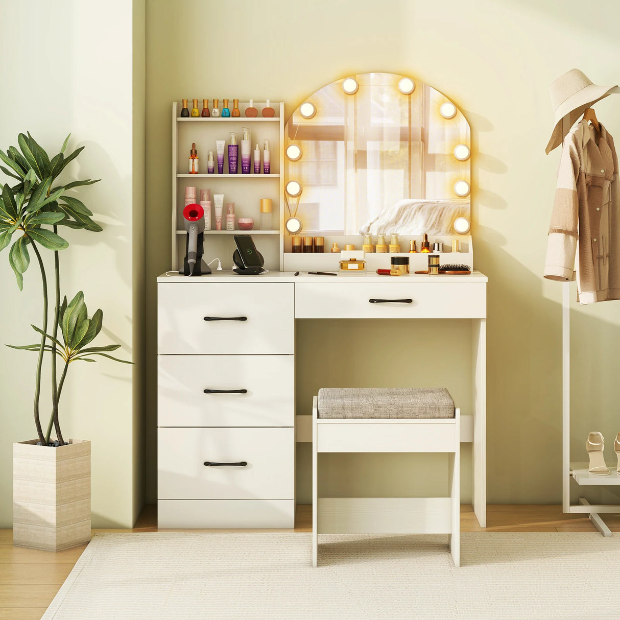 Makeup Vanity Desk with Mirror and Lights Dressing Table and Stool Set-White