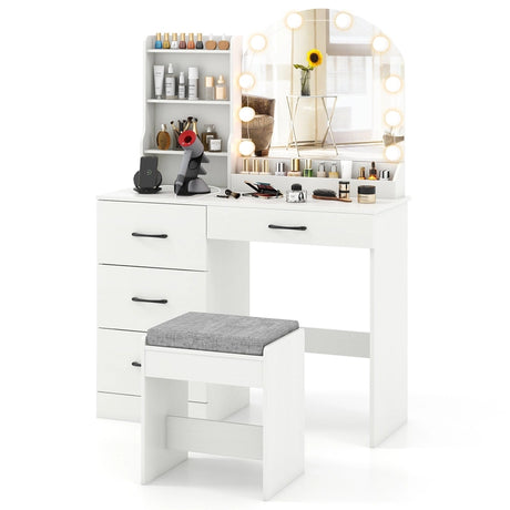 Makeup Vanity Desk with Mirror and Lights Dressing Table and Stool Set-White