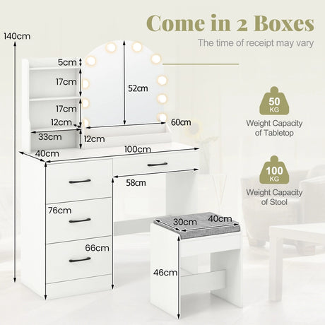 Makeup Vanity Desk with Mirror and Lights Dressing Table and Stool Set-White