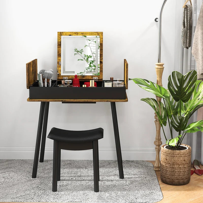 Makeup Vanity Set with Flip-top Mirror and Cushioned Stool-Rustic Brown