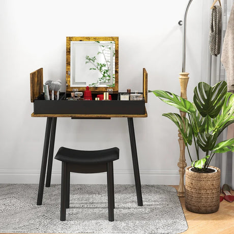 Makeup Vanity Set with Flip-top Mirror and Cushioned Stool-Rustic Brown