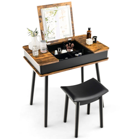 Makeup Vanity Set with Flip-top Mirror and Cushioned Stool-Rustic Brown