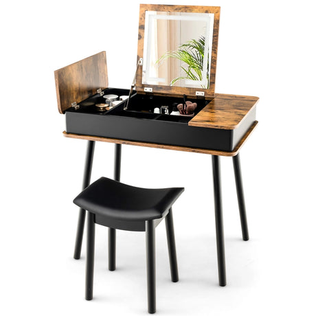 Makeup Vanity Set with Flip-top Mirror and Cushioned Stool-Rustic Brown