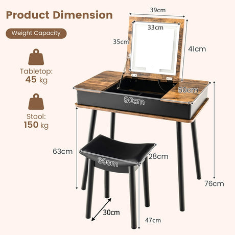 Makeup Vanity Set with Flip-top Mirror and Cushioned Stool-Rustic Brown