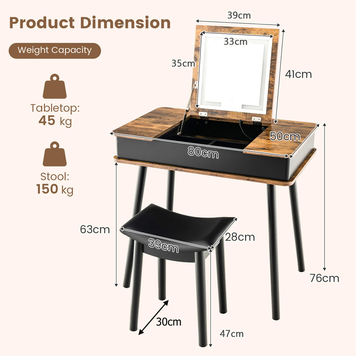 Makeup Vanity Set with Flip-top Mirror and Cushioned Stool-Rustic Brown