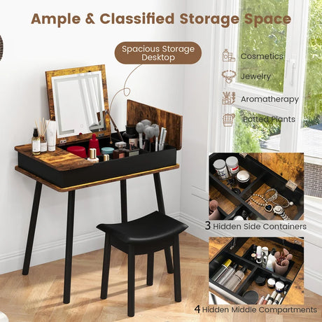 Makeup Vanity Set with Flip-top Mirror and Cushioned Stool-Rustic Brown