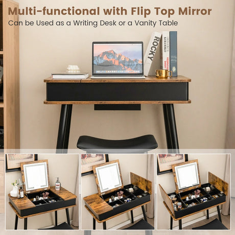 Makeup Vanity Set with Flip-top Mirror and Cushioned Stool-Rustic Brown