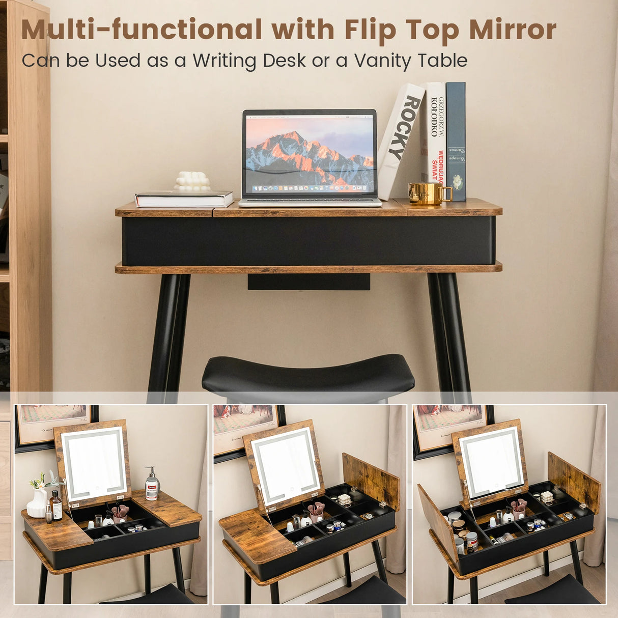 Makeup Vanity Set with Flip-top Mirror and Cushioned Stool-Rustic Brown