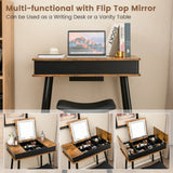 Makeup Vanity Set with Flip-top Mirror and Cushioned Stool-Rustic Brown