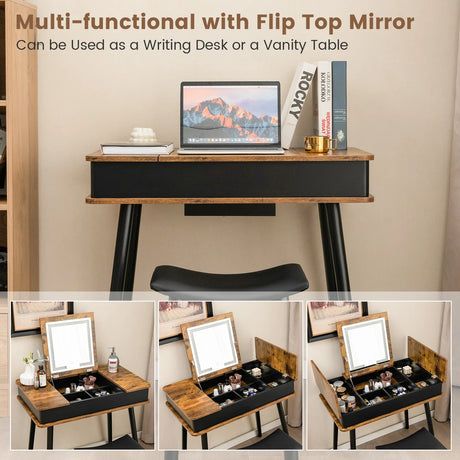 Makeup Vanity Set with Flip-top Mirror and Cushioned Stool-Rustic Brown