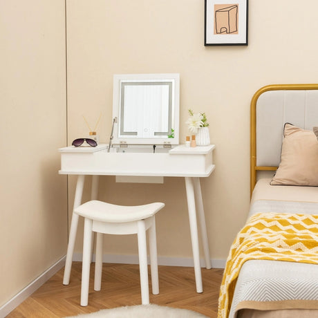 Makeup Vanity Set with Flip-top Mirror and Cushioned Stool-White