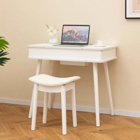 Makeup Vanity Set with Flip-top Mirror and Cushioned Stool-White