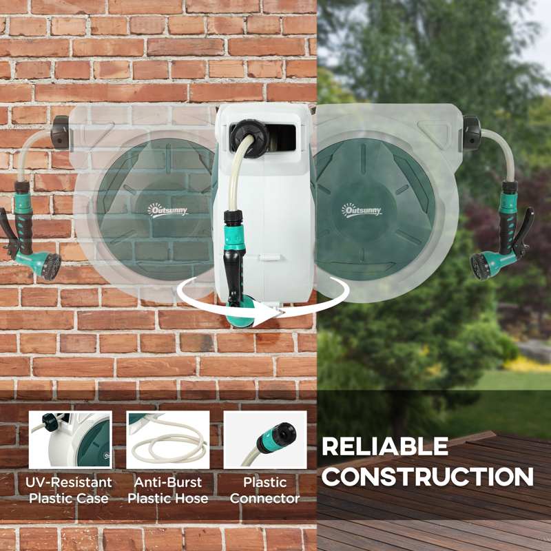 Outsunny Retractable Hose Reel Wall Mounted, 30+2m Garden Hose Pipe Reel with Lock, Auto Rewind, 7 in 1 Spray Nozzle, Includes Wall Fixings, 180° Swivel, Outdoor Watering, Grey