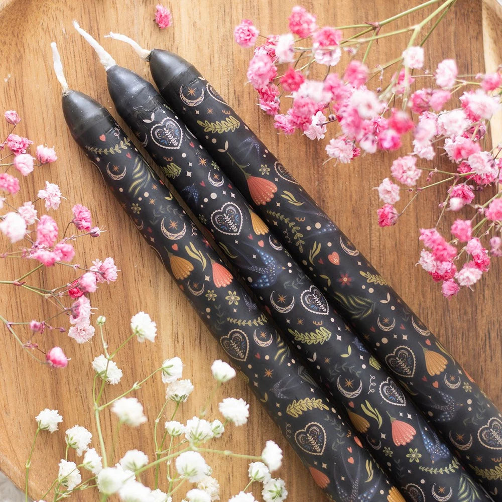 Set of 3 Black Midnight Print Taper Candles