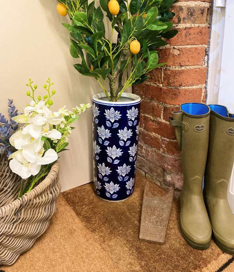 Blue With White Flower Umbrella Stand