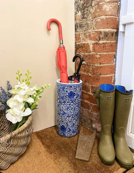 White With Blue Floral Print Umbrella Stand