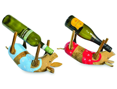 WOODEN PIG BOTTLE HOLDER (Random Colours)