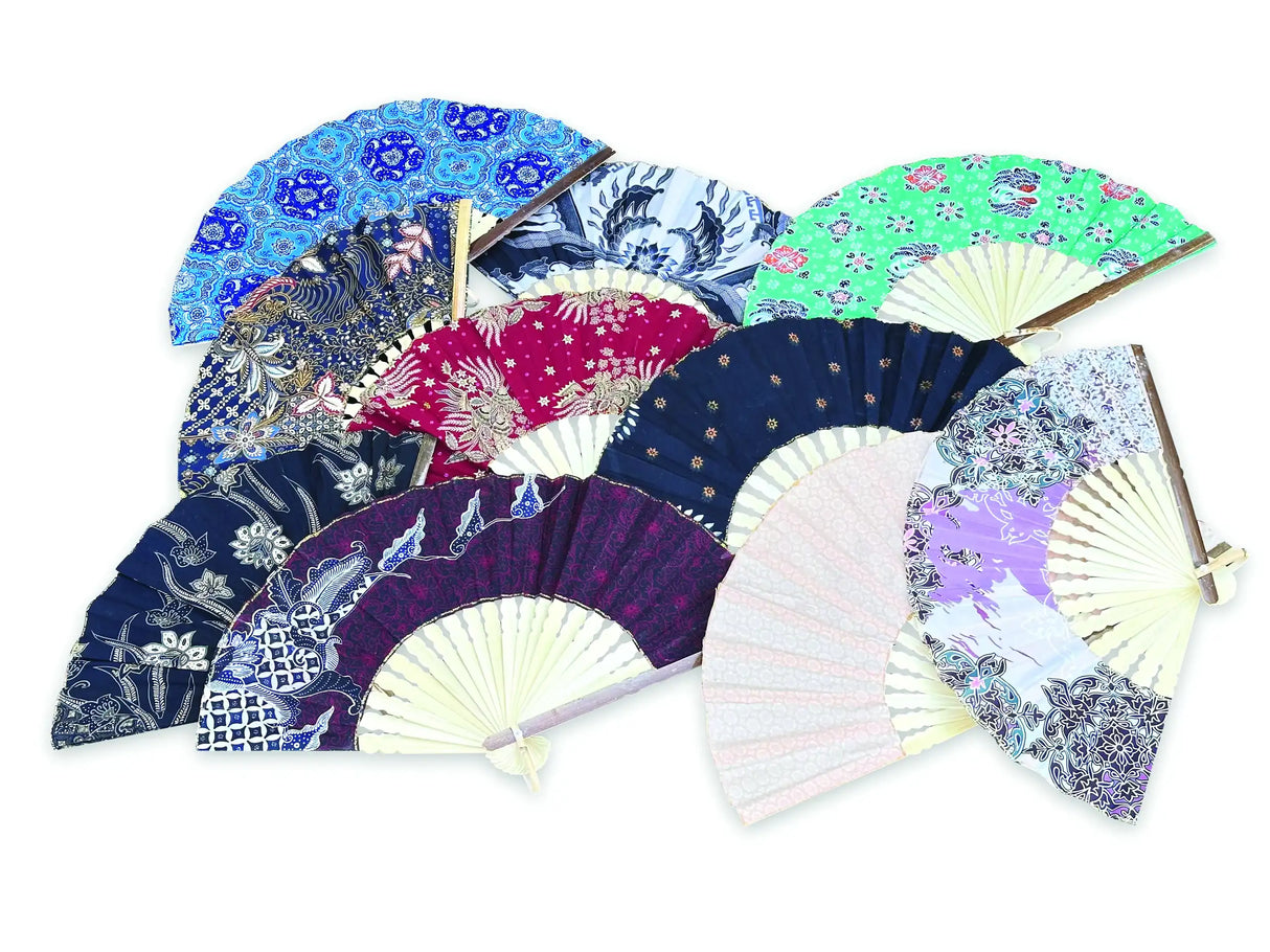BALI BATIK FABRIC FOLDING FANS 30CM (PACK OF 10 MIXED COLOURS)