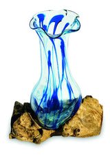 DRIFTWOOD WITH LAYERED BLUE CRINKLE MOLTEN GLASS VASE 25CM