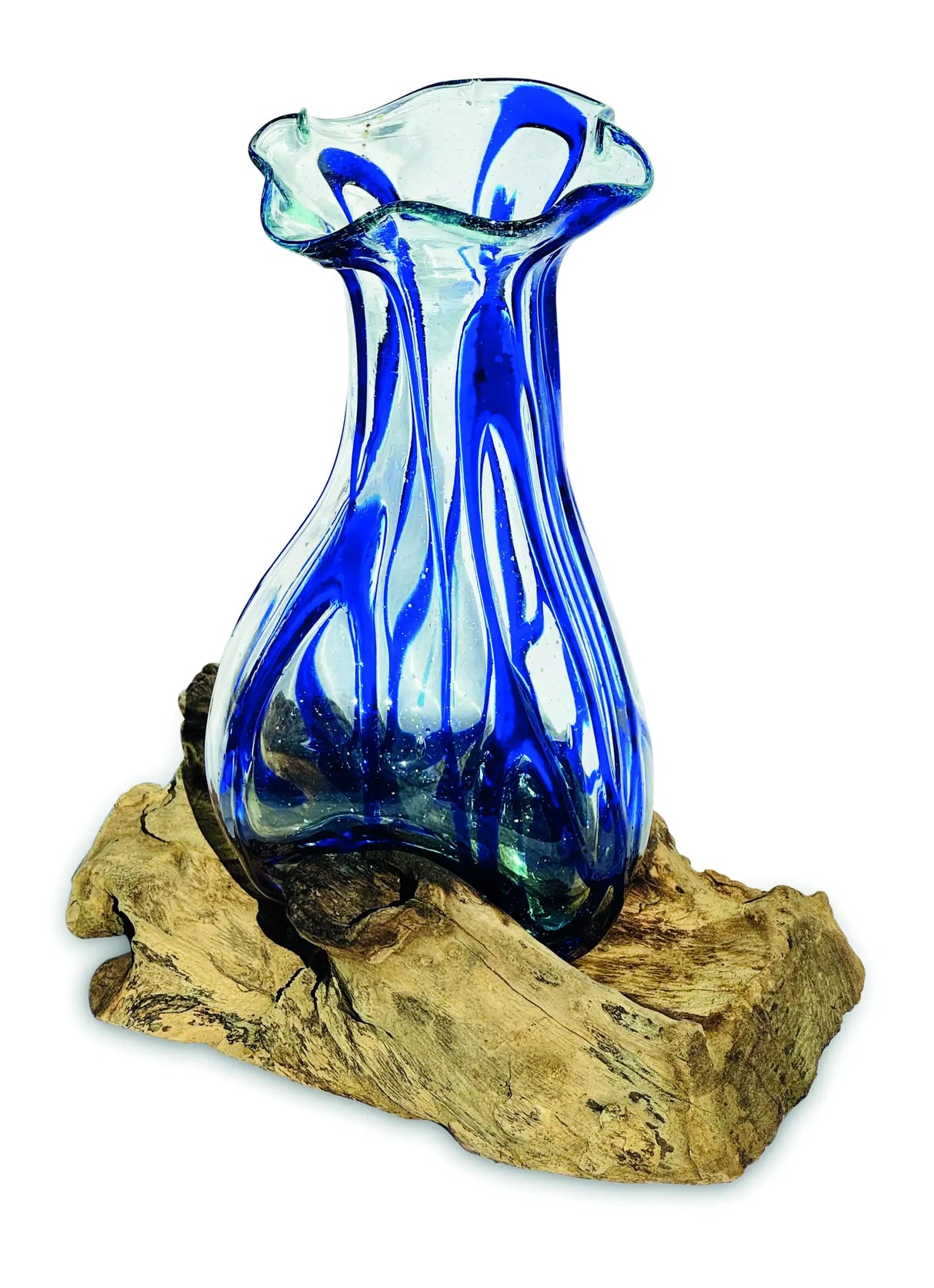 DRIFTWOOD WITH LAYERED BLUE CRINKLE MOLTEN GLASS VASE 25CM