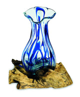 DRIFTWOOD WITH LAYERED BLUE CRINKLE MOLTEN GLASS VASE 25CM