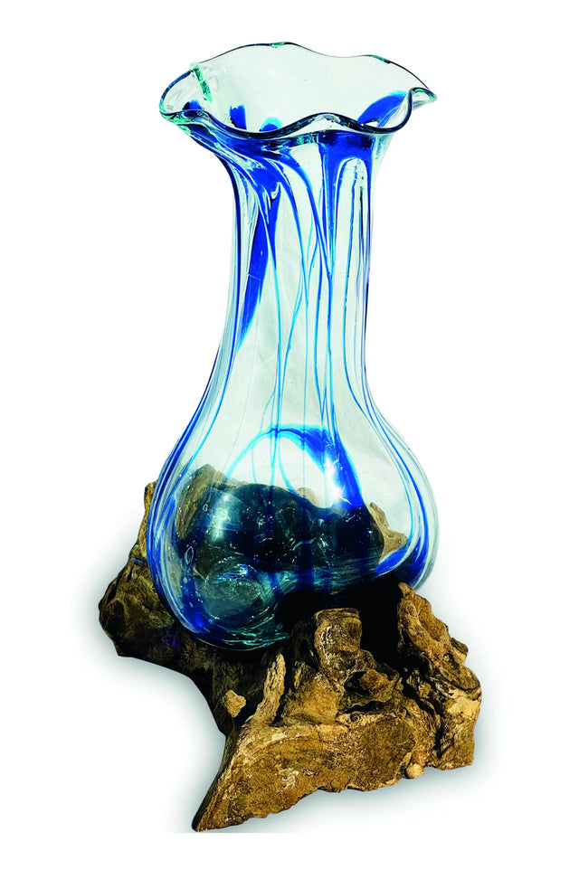 DRIFTWOOD WITH LAYERED BLUE CRINKLE MOLTEN GLASS VASE 25CM