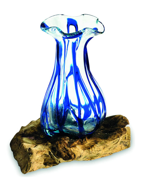 DRIFTWOOD WITH LAYERED BLUE CRINKLE MOLTEN GLASS VASE 25CM