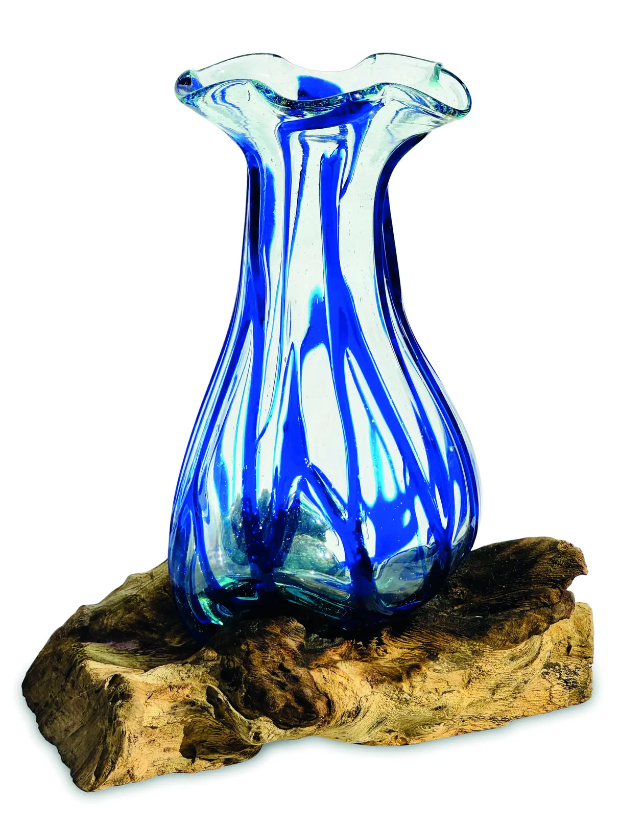 DRIFTWOOD WITH LAYERED BLUE CRINKLE MOLTEN GLASS VASE 25CM