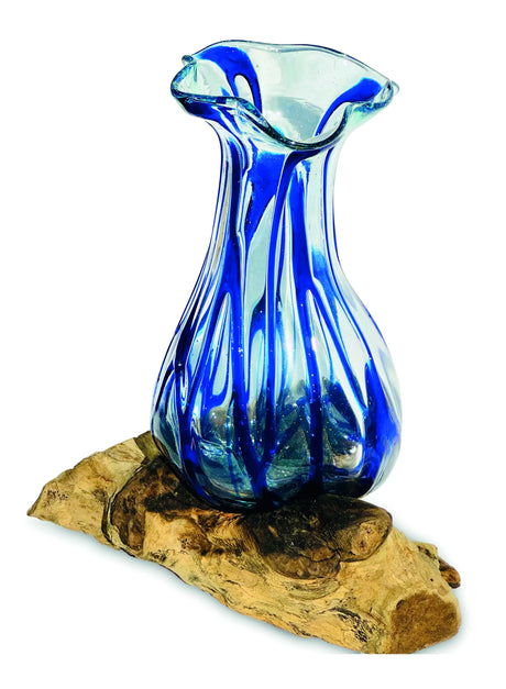 DRIFTWOOD WITH LAYERED BLUE CRINKLE MOLTEN GLASS VASE 25CM
