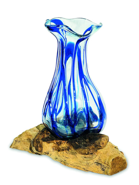 DRIFTWOOD WITH LAYERED BLUE CRINKLE MOLTEN GLASS VASE 25CM