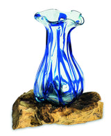 DRIFTWOOD WITH LAYERED BLUE CRINKLE MOLTEN GLASS VASE 25CM