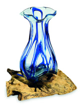 DRIFTWOOD WITH LAYERED BLUE CRINKLE MOLTEN GLASS VASE 25CM