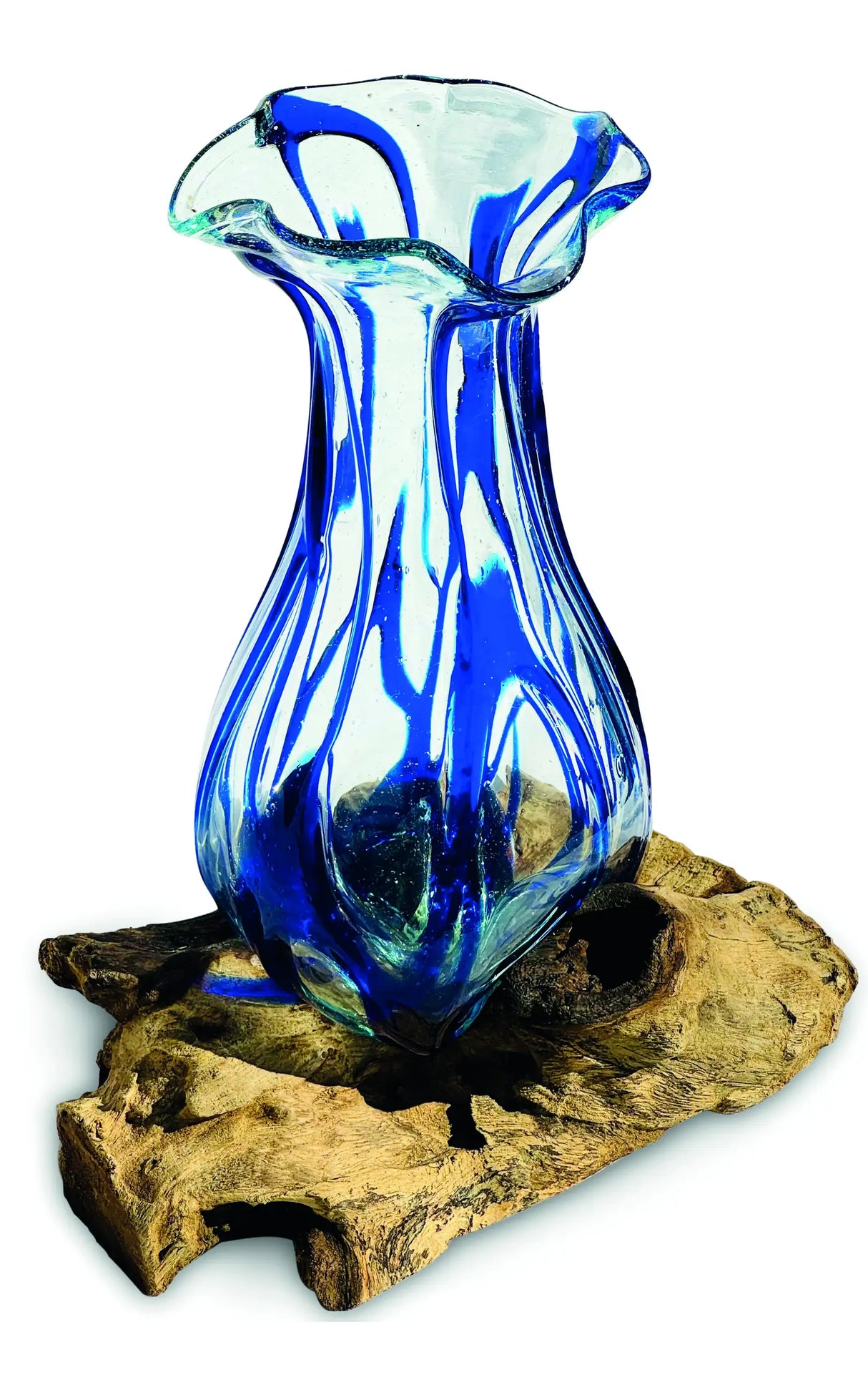 DRIFTWOOD WITH LAYERED BLUE CRINKLE MOLTEN GLASS VASE 25CM