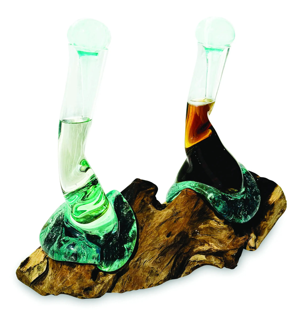 MOLTEN GLASS OIL & VINEGAR BOTTLES ON ROOT SCULPTURE