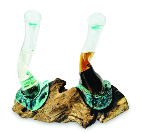 MOLTEN GLASS OIL & VINEGAR BOTTLES ON ROOT SCULPTURE