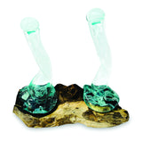 MOLTEN GLASS OIL & VINEGAR BOTTLES ON ROOT SCULPTURE