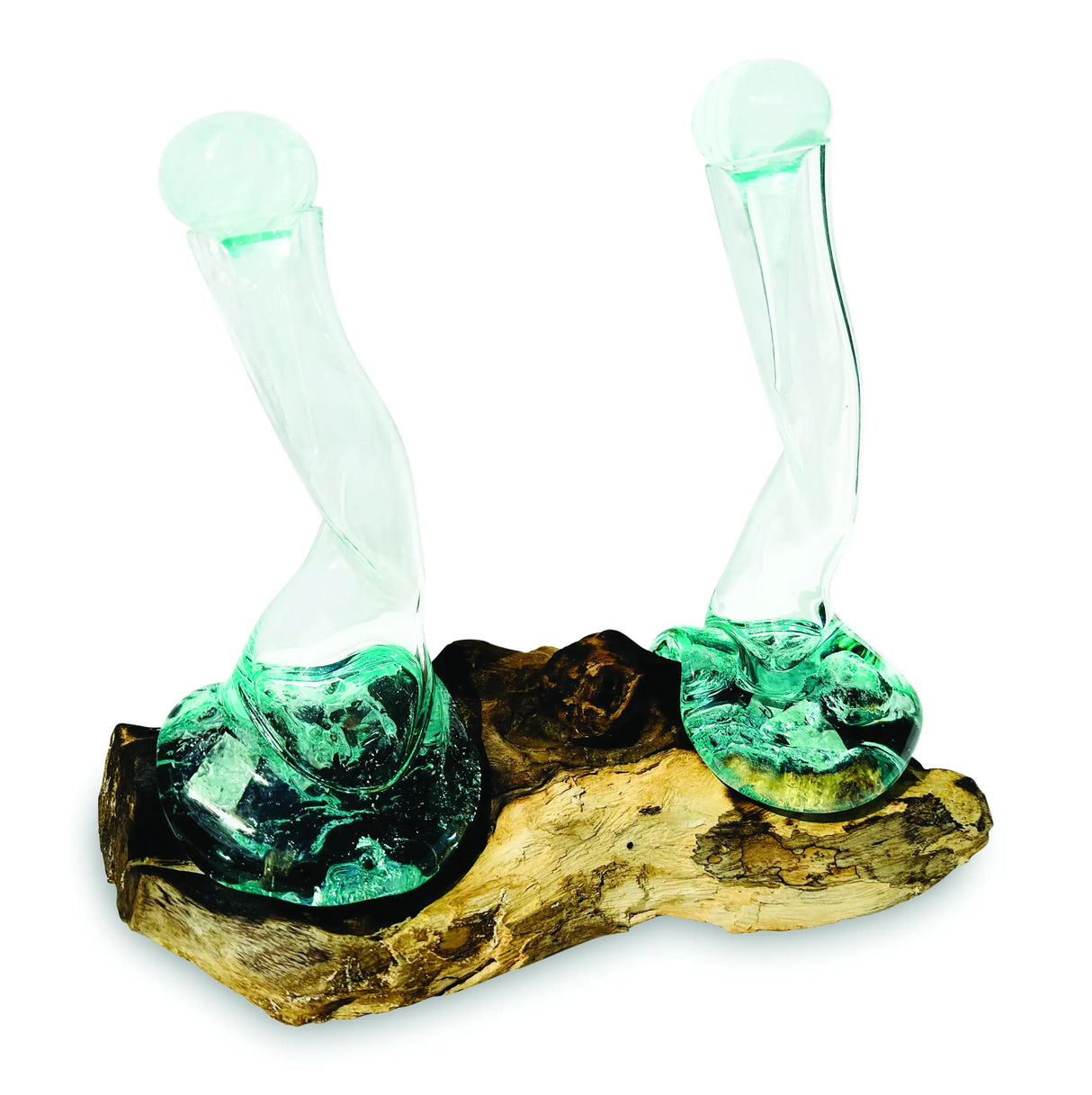 MOLTEN GLASS OIL & VINEGAR BOTTLES ON ROOT SCULPTURE