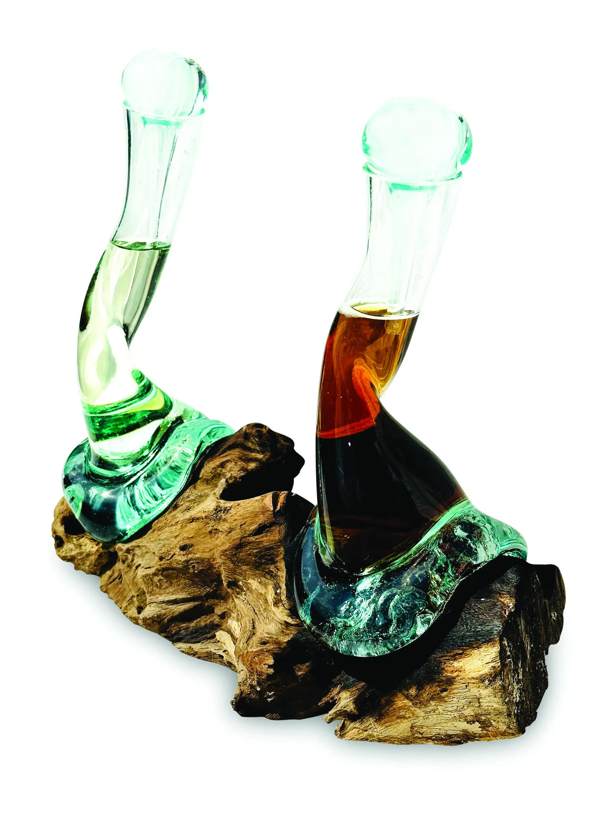 MOLTEN GLASS OIL & VINEGAR BOTTLES ON ROOT SCULPTURE