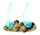 MOLTEN GLASS OIL & VINEGAR BOTTLES ON ROOT SCULPTURE