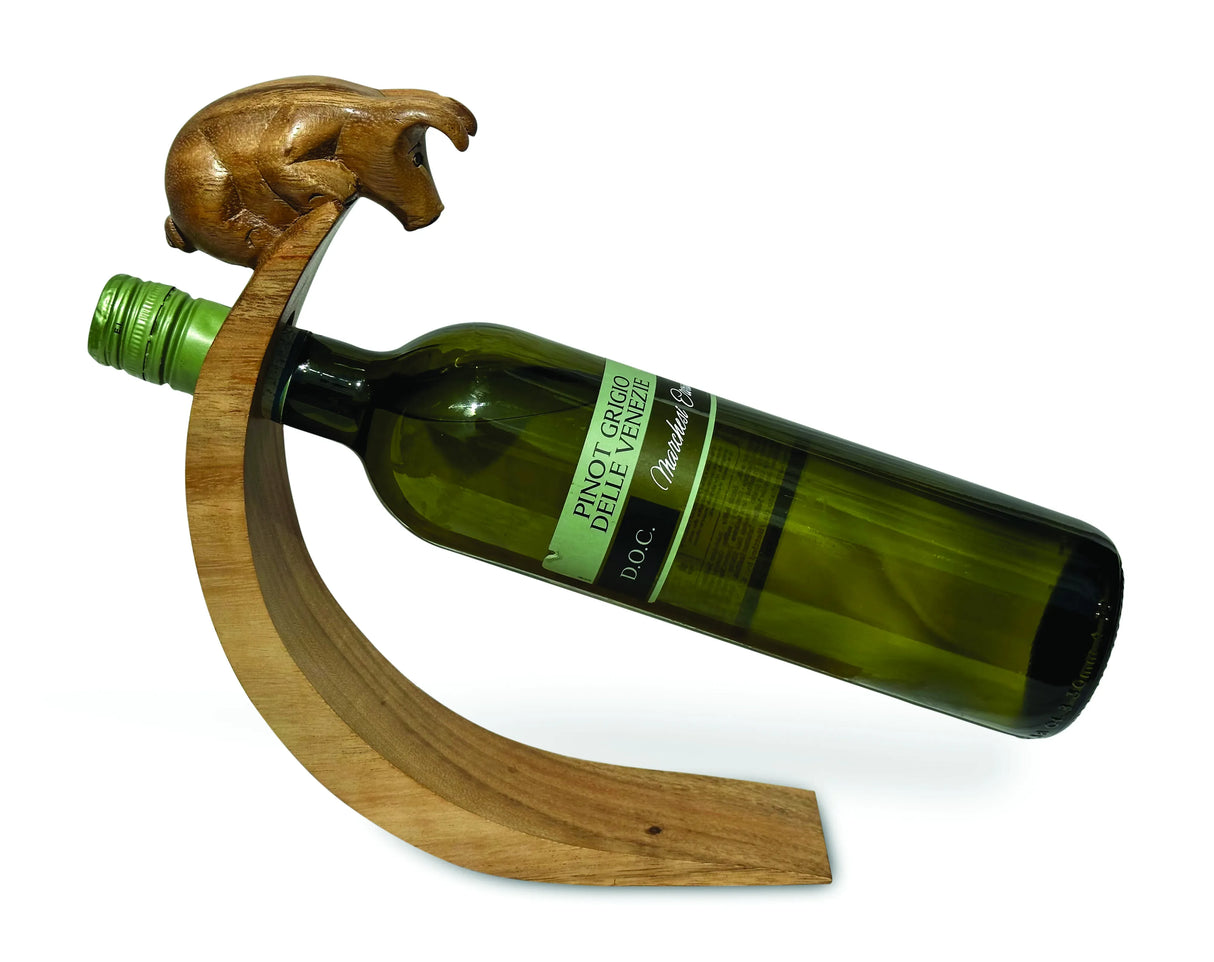 PIGLET HAND CARVED WOODEN BALANCE WINE BOTTLE HOLDER