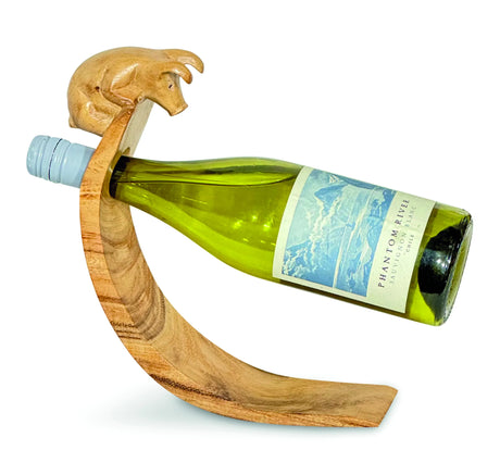 PIGLET HAND CARVED WOODEN BALANCE WINE BOTTLE HOLDER