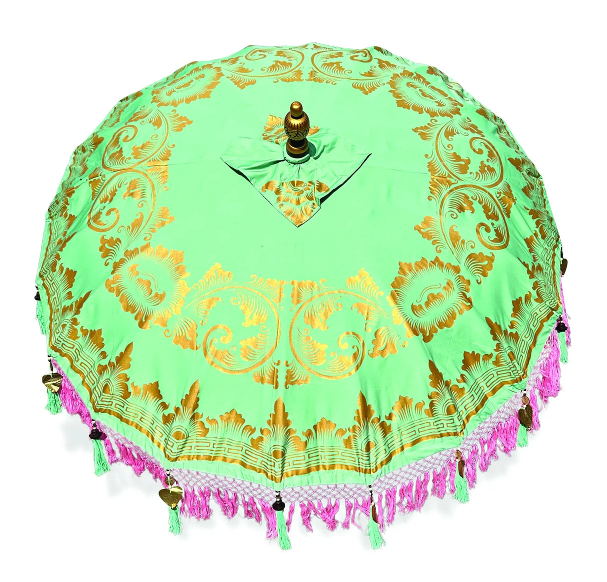 BALI SUN PARASOL MINT GREEN WITH PINK CANDY FRINGE 2M (WITH POLE JOINT)