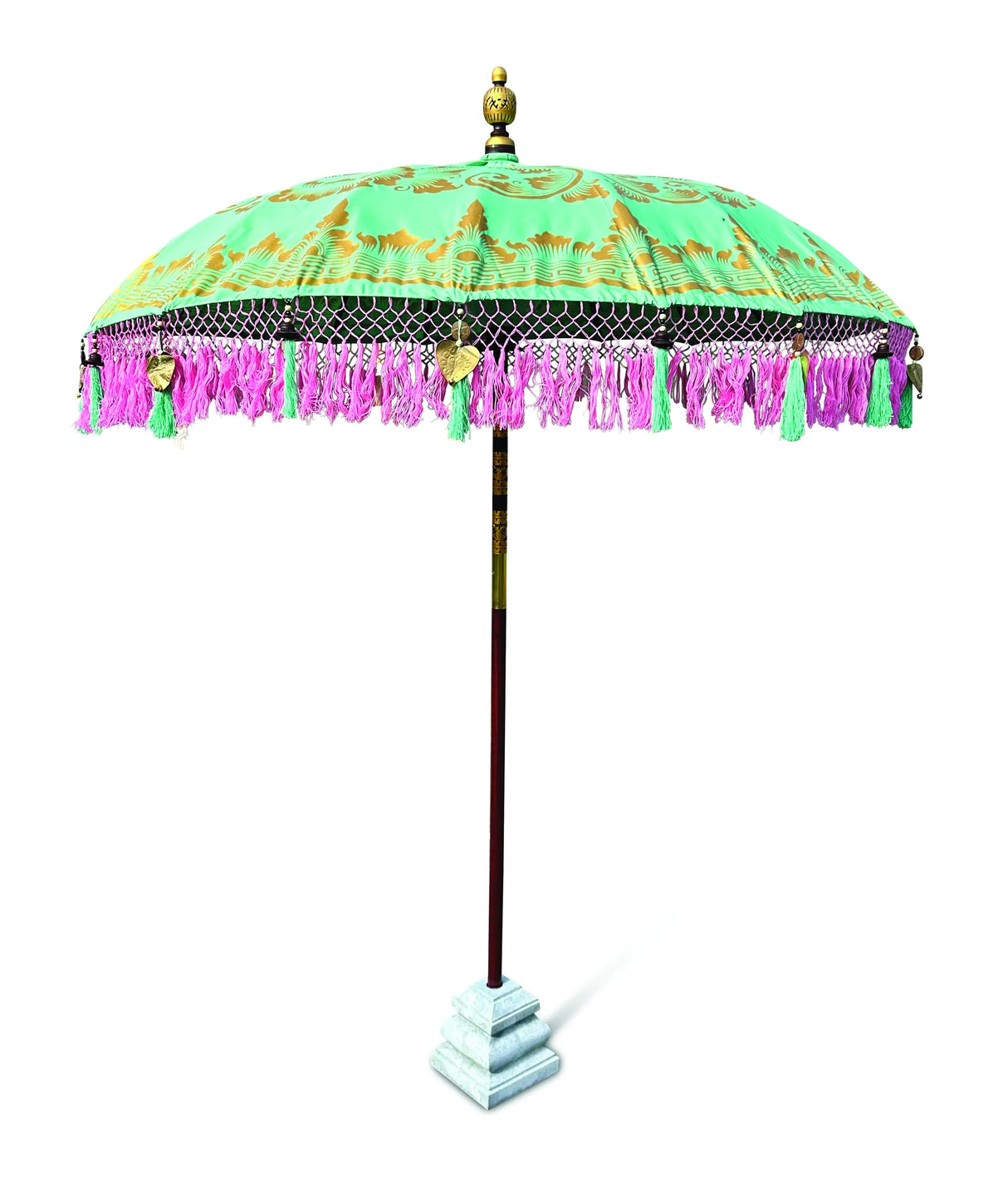BALI SUN PARASOL MINT GREEN WITH PINK CANDY FRINGE 2M (WITH POLE JOINT)