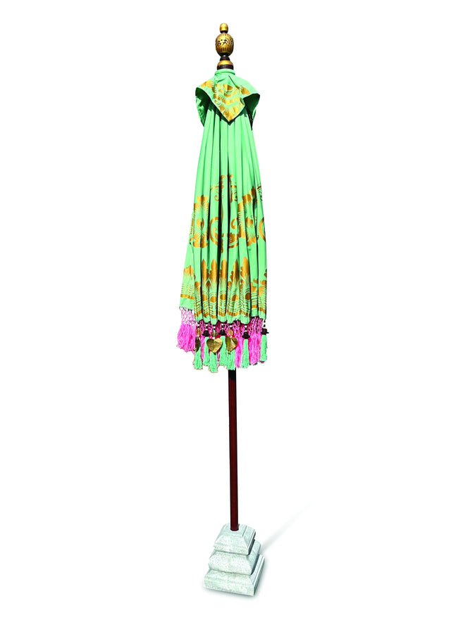 BALI SUN PARASOL MINT GREEN WITH PINK CANDY FRINGE 2M (WITH POLE JOINT)