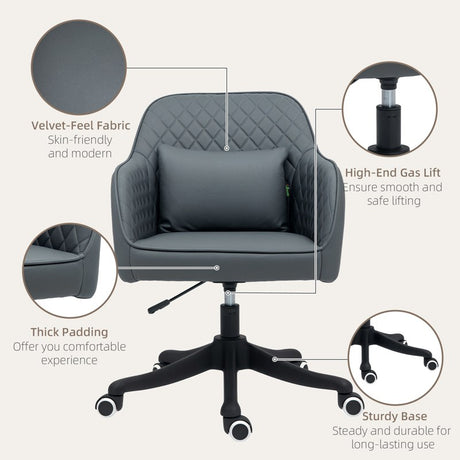 Vinsetto Microfiber Office Chair, Desk Chair, Makeup Vanity Chair with Massage Lumbar Pillow and Rolling Wheels for Bedroom and Home, Grey