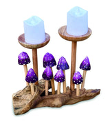 8 VIOLET POINTED CAP MUSHROOMS WITH DOUBLE CANDLE HOLDER