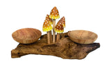3 POINTED YELLOW CAP MUSHROOMS WITH DOUBLE DOUBLE CANDLE HOLDERS LOW